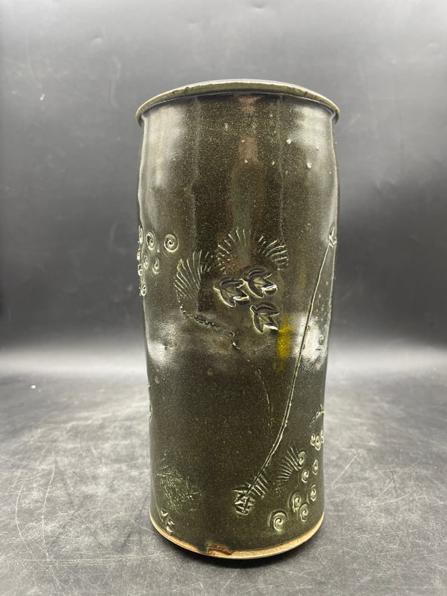 Japanese Studio Pottery Stoneware Vase with Impressed Seal, Abstract Botanical Design, 8.5 Inches - 4