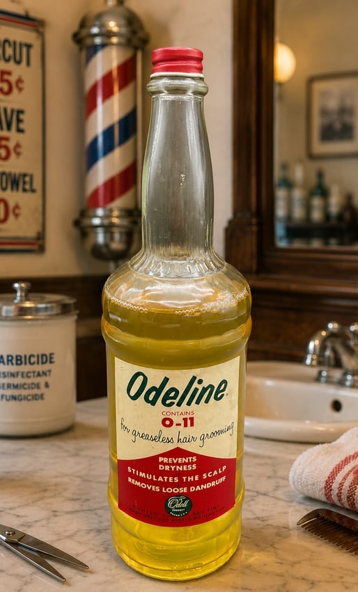 Vintage Odeline O-11 Hair Tonic Barber Shop Display Bottle Full Pint Newark NJ: Date/Period: Circa 1940s-1950s Dimension: Approx. 9.5" Material: glass Additional Information: A scarce and highly decorative vintage barber shop hair tonic bottle marketed under the Odeline brand