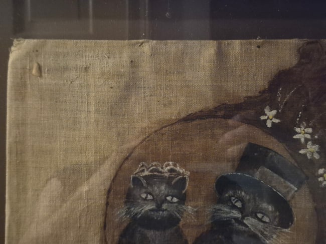 Circa 1900 painting on linen: two cats on their wedding day - 3
