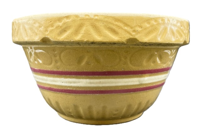 Antique RRP Roseville Ohio Yellow Ware Mixing Bowl, Red & White Slip Bands, Embossed Rim, - 2