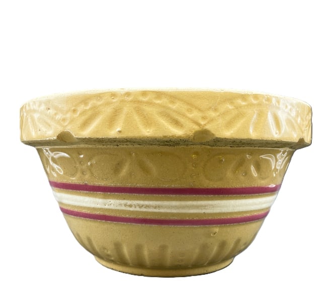 Antique RRP Roseville Ohio Yellow Ware Mixing Bowl, Red & White Slip Bands, Embossed Rim, - 7