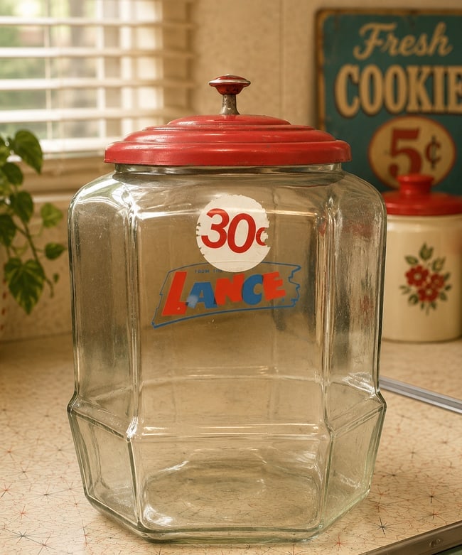 Vintage Lance Store Display Cookie Cracker Jar with Original Red Metal Lid Advertising Counter: Date/Period: Early 20th century Dimension: Approx. 12" x 8" x 6" Material: glass/metal Additional Information: A vintage Lance advertising store display jar featuring the iconic blue and red Lance log