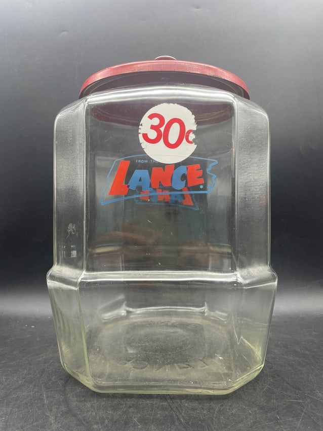 Vintage Lance Store Display Cookie Cracker Jar with Original Red Metal Lid Advertising Counter - 8