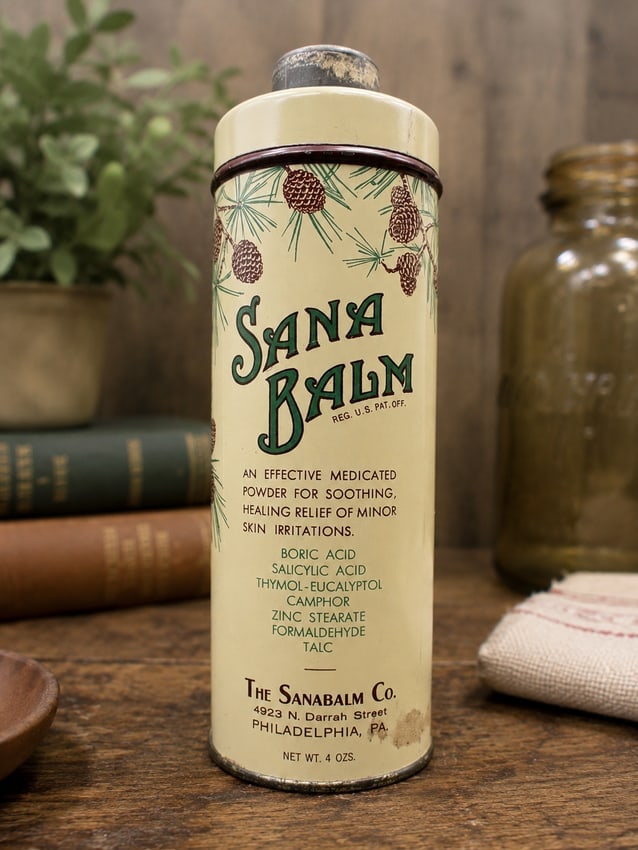 Sana Balm Advertising Tin 4 oz Lithographed Metal Ointment Tin Empty: Date/Period: Circa 1940s-1950s Dimension: Approx. 5.5" x 2" Material: metal Additional Information: Original vintage Sana Balm advertising tin, 4-ounce size. This attractive lithographed metal contain