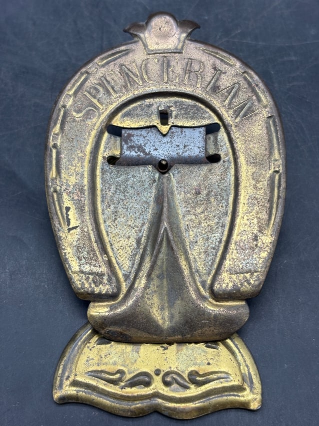 Vintage Brass Die Cut ADVERTISING SPENCERIAN PENS Paper Desk Clip: Date/Period: unknown Dimension: Approx 4" x 2.5" x 1" Material: mixed metal Additional Information: Vintage Brass Die Cut ADVERTISING SPENCERIAN PENS Paper Desk Clip Shipping: Domestic: Flat-rate of $