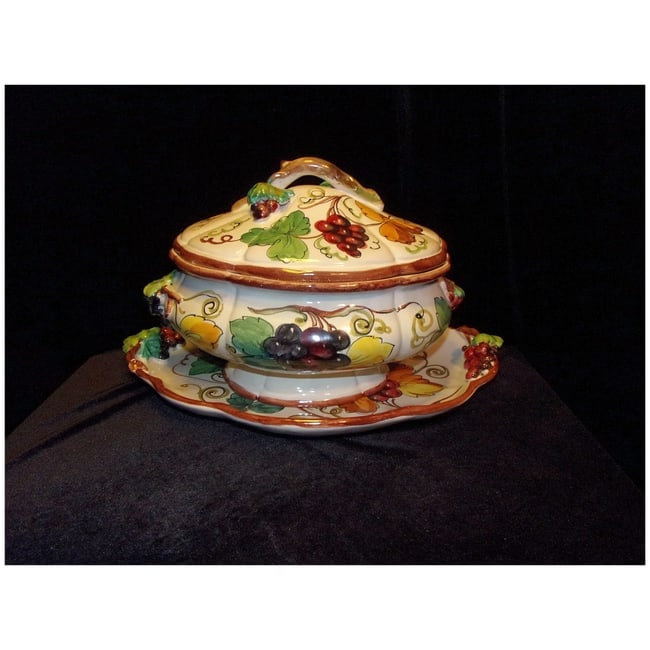 Vintage Large Italian Soup Tureen with Underplate and Grapevine Motif - 2