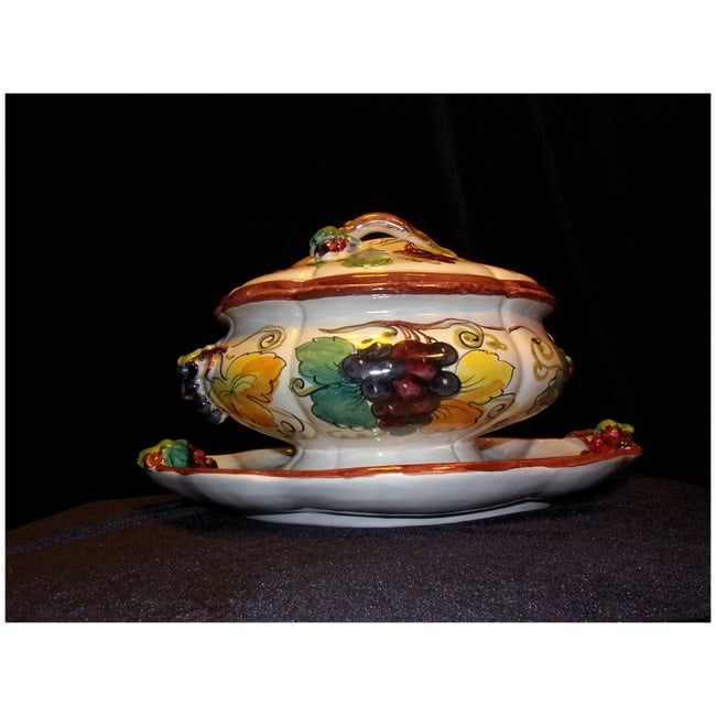 Vintage Large Italian Soup Tureen with Underplate and Grapevine Motif - 3