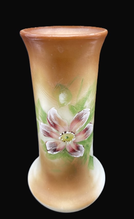 Antique Hand-Painted Bristol Milk Glass Floral Vase, Victorian Art Glass Form, 9" - 2