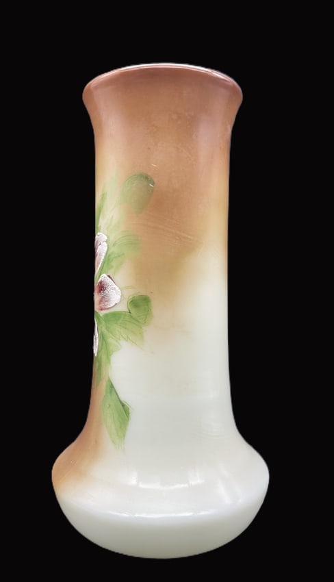 Antique Hand-Painted Bristol Milk Glass Floral Vase, Victorian Art Glass Form, 9" - 3