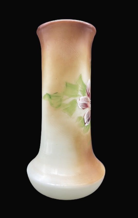 Antique Hand-Painted Bristol Milk Glass Floral Vase, Victorian Art Glass Form, 9" - 5