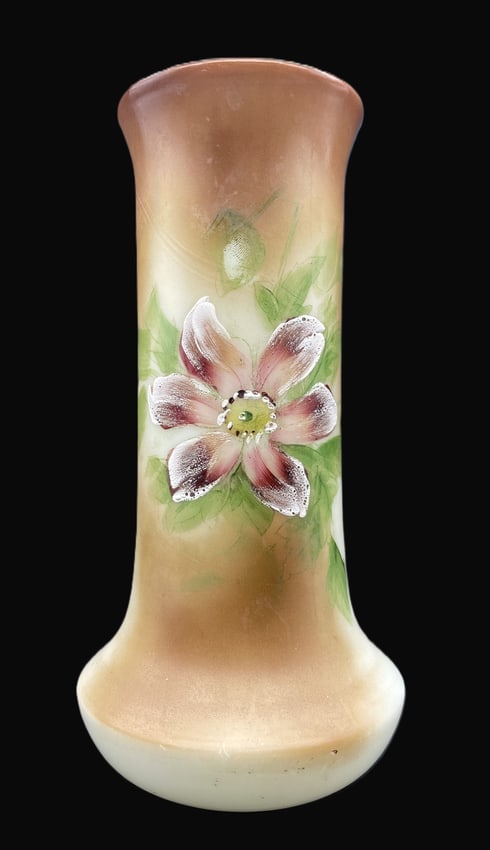 Antique Hand-Painted Bristol Milk Glass Floral Vase, Victorian Art Glass Form, 9" - 8