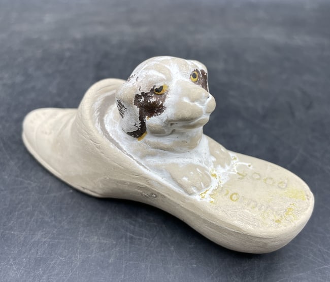 Vintage Bisque Puppy Dog In A Slipper Shoe Figurine Good Morning - 8
