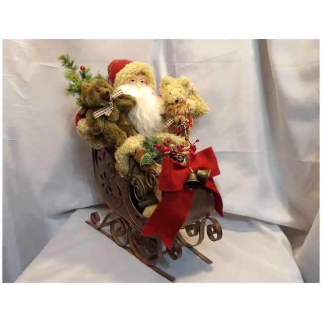 Vintage Santa with Bears, Tree,& Bow with Decoration on Front in Metal Sleigh Center Piece - 2
