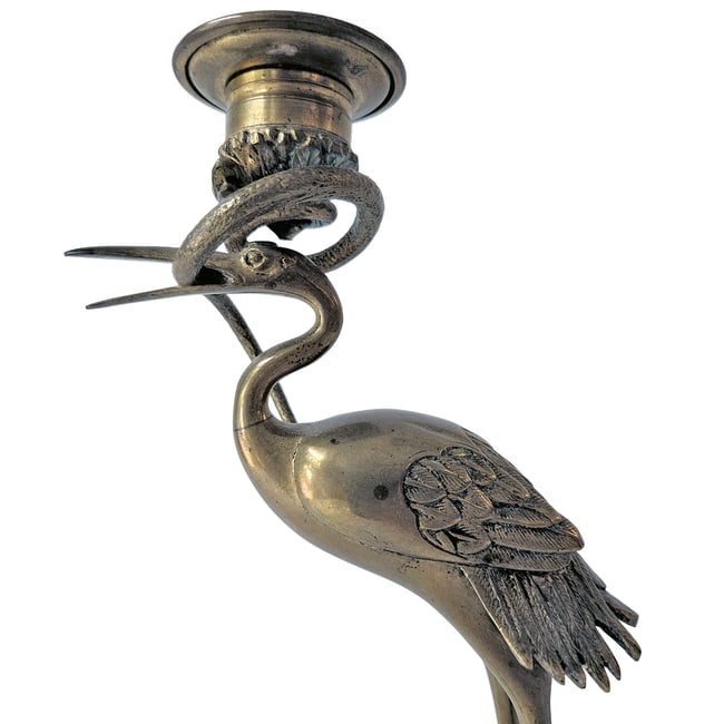Brass Candle Holder with Heron Eating a Snake Standing on a Turtle Japan - 3