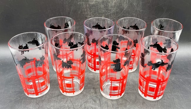 Vintage Scotty Dog Red Plaid Drinking Glasses Set of 8 Mid-Century Barware Tumblers - 2