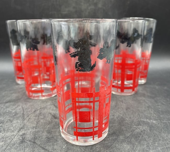 Vintage Scotty Dog Red Plaid Drinking Glasses Set of 8 Mid-Century Barware Tumblers - 3