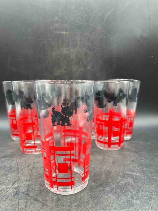 Vintage Scotty Dog Red Plaid Drinking Glasses Set of 8 Mid-Century Barware Tumblers - 5