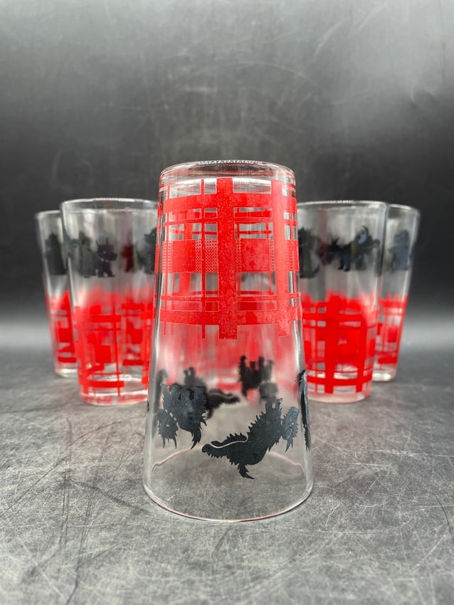 Vintage Scotty Dog Red Plaid Drinking Glasses Set of 8 Mid-Century Barware Tumblers - 6