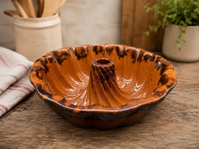 Antique Redware Turk's Head Cake Mold Brown Manganese Glaze Pudding Mold (1 of 6)
