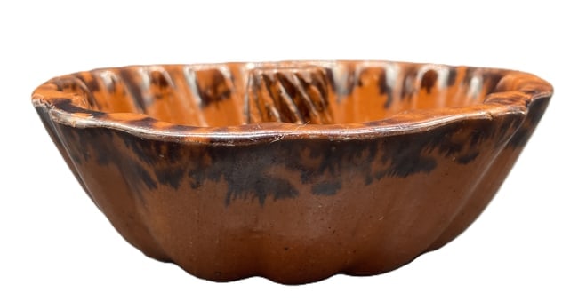 Antique Redware Turk's Head Cake Mold Brown Manganese Glaze Pudding Mold - 2
