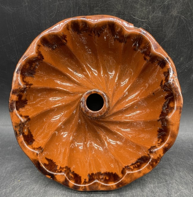 Antique Redware Turk's Head Cake Mold Brown Manganese Glaze Pudding Mold - 3