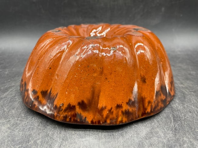 Antique Redware Turk's Head Cake Mold Brown Manganese Glaze Pudding Mold - 5