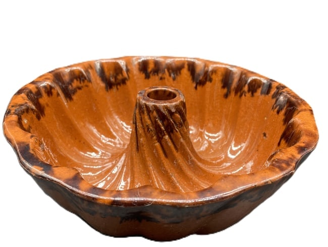 Antique Redware Turk's Head Cake Mold Brown Manganese Glaze Pudding Mold - 6
