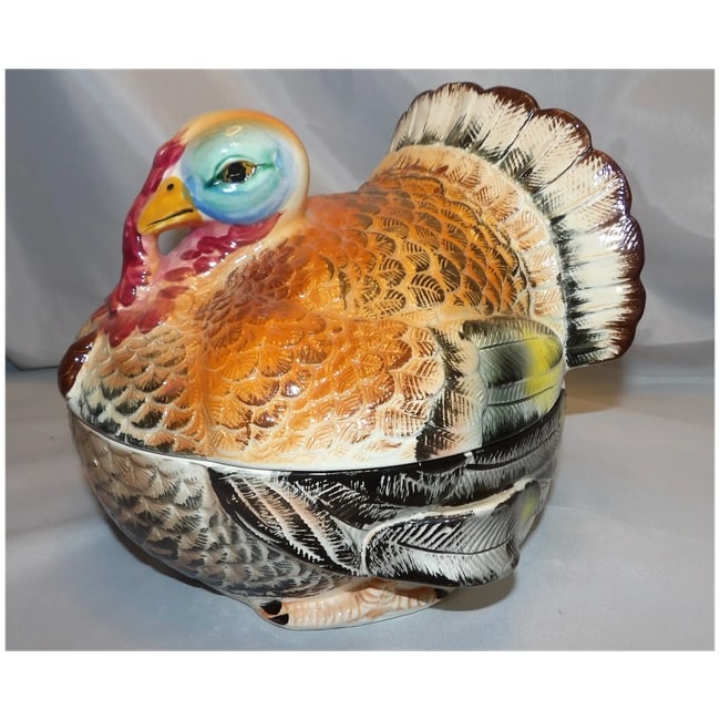 Vintage LARGE Lidded Hand-Painted Ceramic Turkey Covered Serving Dish with Handles- Japan - 2