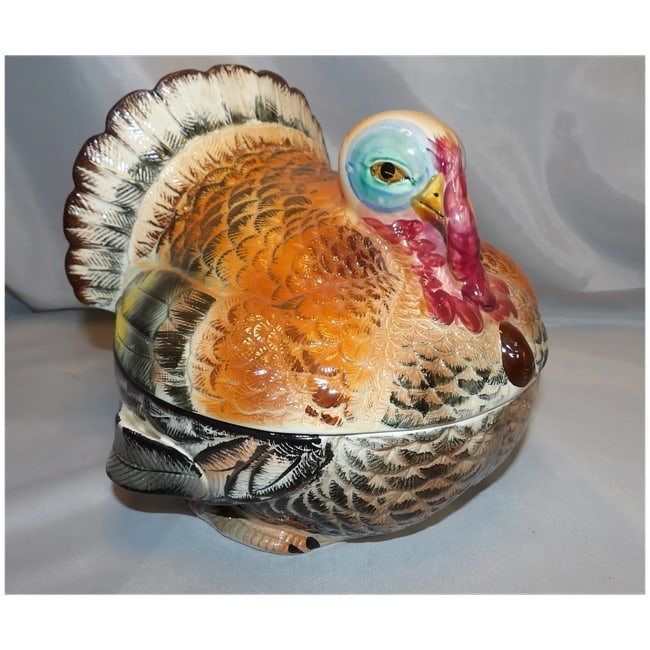 Vintage LARGE Lidded Hand-Painted Ceramic Turkey Covered Serving Dish with Handles- Japan - 3