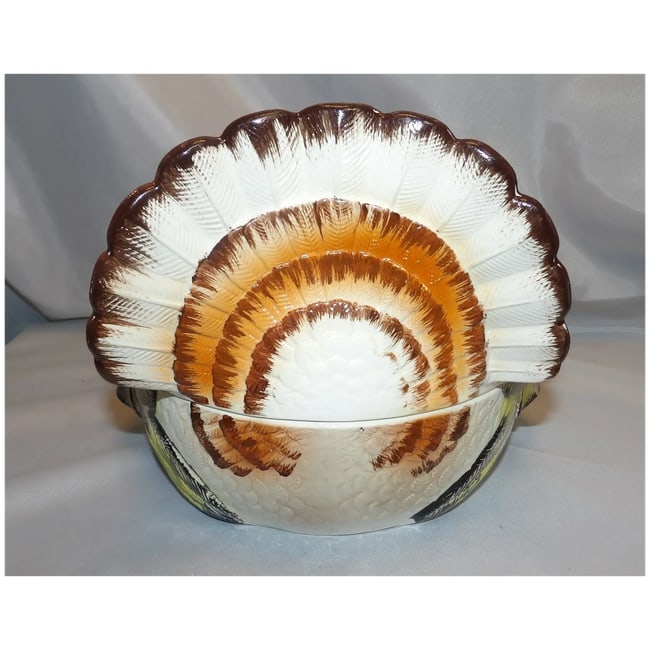Vintage LARGE Lidded Hand-Painted Ceramic Turkey Covered Serving Dish with Handles- Japan - 4