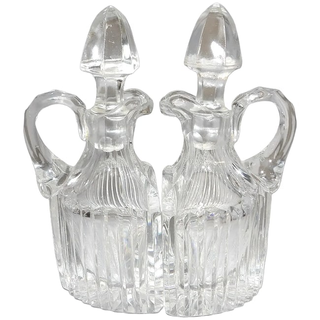 RARE Antique Pair of Flint Glass Flat Sided Cruets: This RARE Antique Pair of Flint Glass Flat Sided Cruets glow apple green under black light. They are in excellent condition. No chips, stains, etc. I did not find another pair like them. They measure