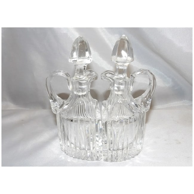 RARE Antique Pair of Flint Glass Flat Sided Cruets - 2