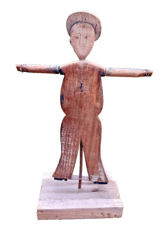 Antique Sailor Whirligig Wooden 19th Century Amazing: Great looking piece in good condition. Beautiful worn surface . Easy to tell which surface was exposed to Ocean. Face side is almost sandblasted. Probably blowing sand. Purchased in New Hampshire.