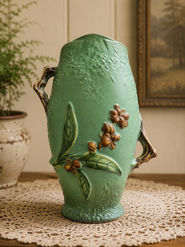 Roseville Pottery Apple Blossom Vase #883-8 Green Matte Art Pottery Double Handle Vase: Date/Period: circa 1948-1954 Dimension: Approx 8" Material: pottery Additional Information: A handsome example of American art pottery from the Roseville Pottery Company, featuring the desirable Apple