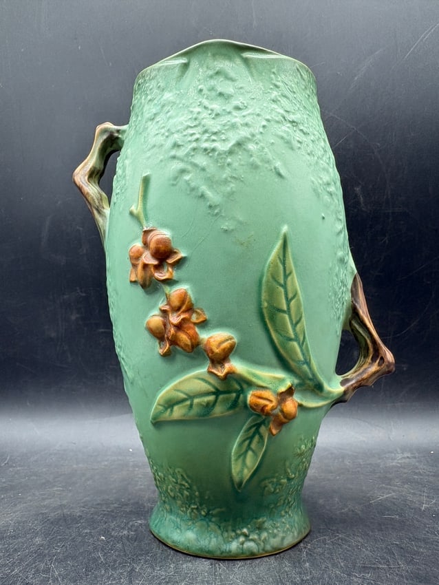 Roseville Pottery Apple Blossom Vase #883-8 Green Matte Art Pottery Double Handle Vase - 3