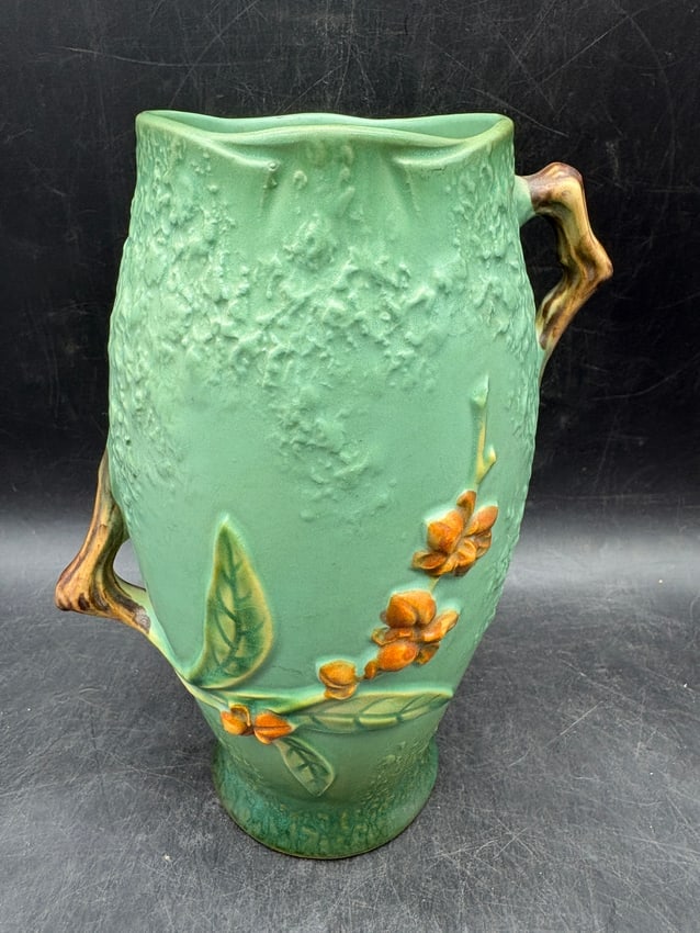 Roseville Pottery Apple Blossom Vase #883-8 Green Matte Art Pottery Double Handle Vase - 6