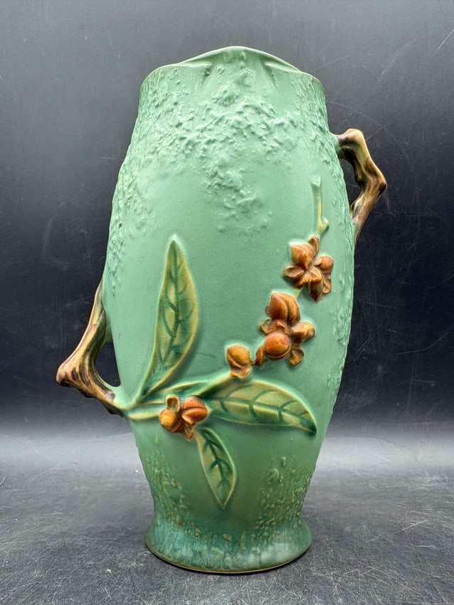 Roseville Pottery Apple Blossom Vase #883-8 Green Matte Art Pottery Double Handle Vase - 7