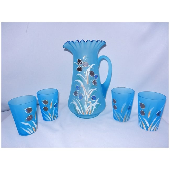 Antique Victorian-Era Hand-Painted Frosted Enamel Lemonade Set | Pitcher and Glasses - 2