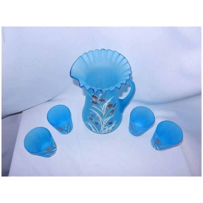 Antique Victorian-Era Hand-Painted Frosted Enamel Lemonade Set | Pitcher and Glasses - 3