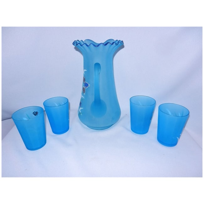 Antique Victorian-Era Hand-Painted Frosted Enamel Lemonade Set | Pitcher and Glasses - 4