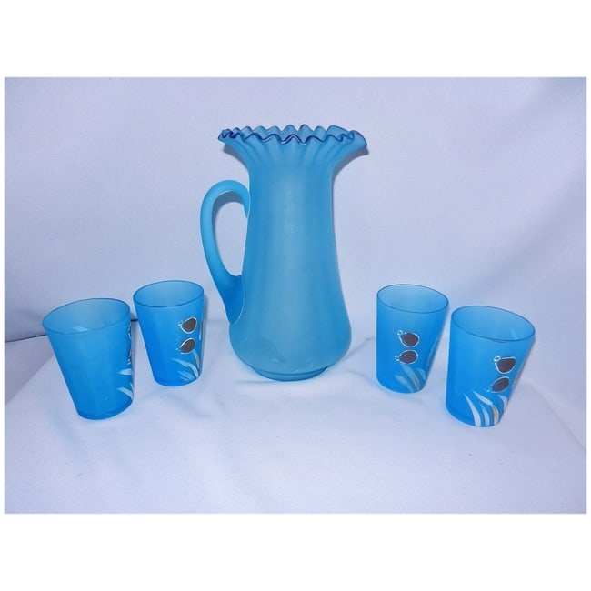 Antique Victorian-Era Hand-Painted Frosted Enamel Lemonade Set | Pitcher and Glasses - 5