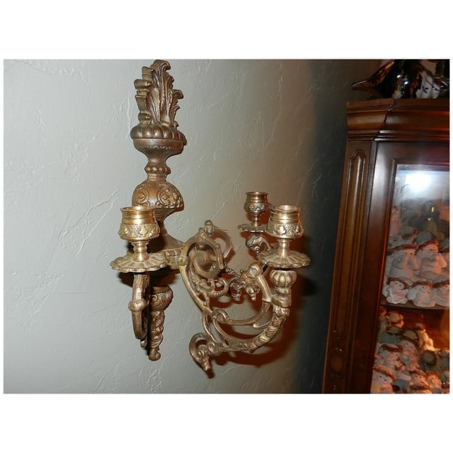 Antique Neoclassical Style Bronze Three Arm Wall Sconces - 8