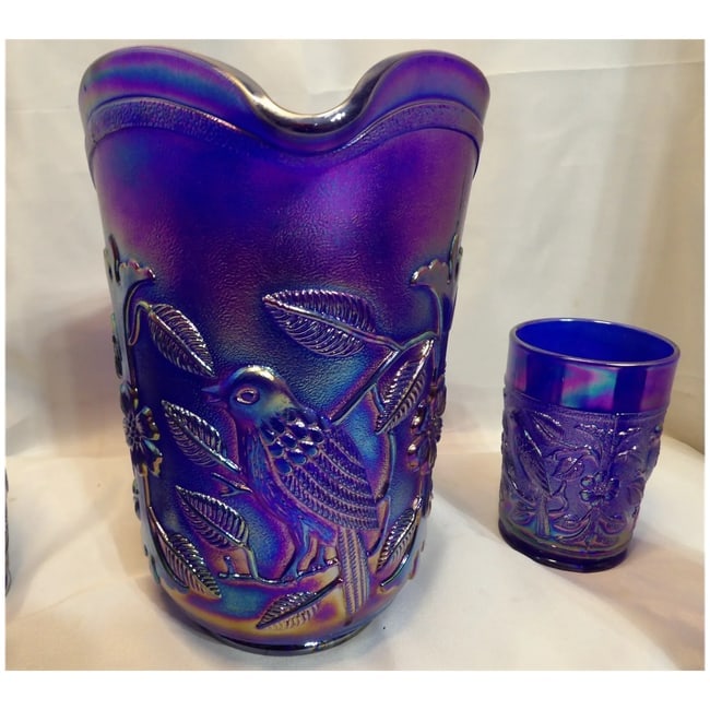 Imperial Glass Aurora Jewels Cobalt Blue Carnival Glass Robin's Water Pitcher and 5 Tumblers - 5