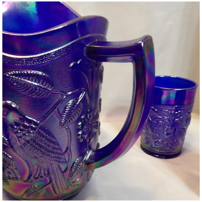 Imperial Glass Aurora Jewels Cobalt Blue Carnival Glass Robin's Water Pitcher and 5 Tumblers - 8