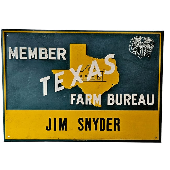 Vintage 1975 Member Texas Farm Bureau Sign: Title: Vintage 1975 Member Texas Farm Bureau Sign Description: The painted metal sign features the name "JIM SNYDER" who is listed as a general partner at the Snyder Ranch located in Baird, Texas,