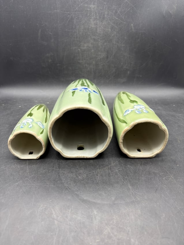 Vintage Japanese Iris Art Pottery Wall Pocket Vases Graduated Set of Three Celadon Glaze - 2