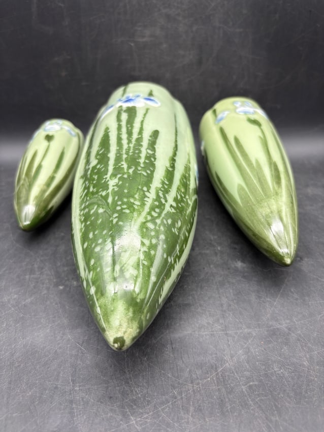 Vintage Japanese Iris Art Pottery Wall Pocket Vases Graduated Set of Three Celadon Glaze - 3