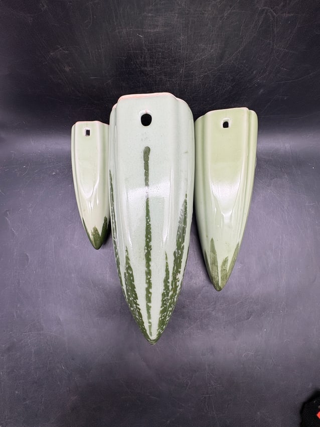 Vintage Japanese Iris Art Pottery Wall Pocket Vases Graduated Set of Three Celadon Glaze - 4