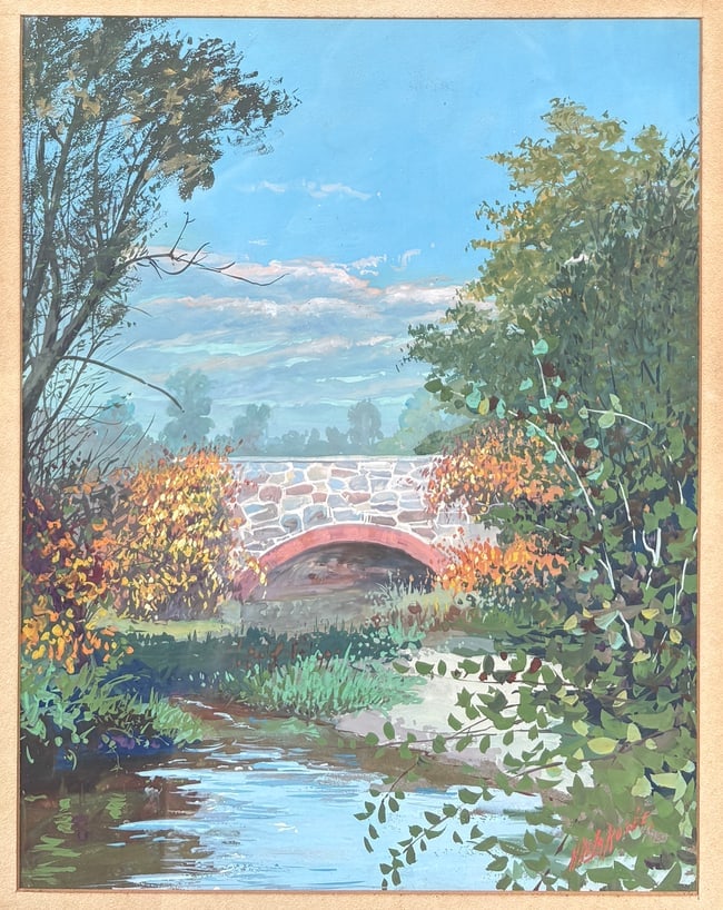 Original Signed H. De La Rosee Landscape Painting Stone Bridge Framed Scenic Artwork - 2