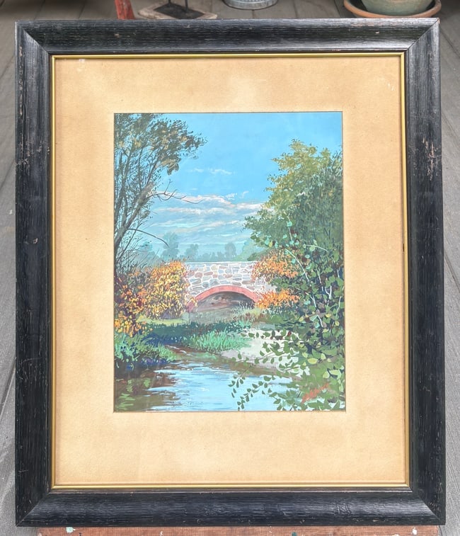 Original Signed H. De La Rosee Landscape Painting Stone Bridge Framed Scenic Artwork - 4